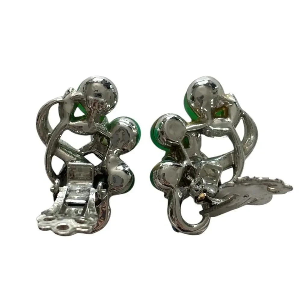 Faux jade earrings Clip On jeweled aurora borealis Rhinestone Vintage Jewelry